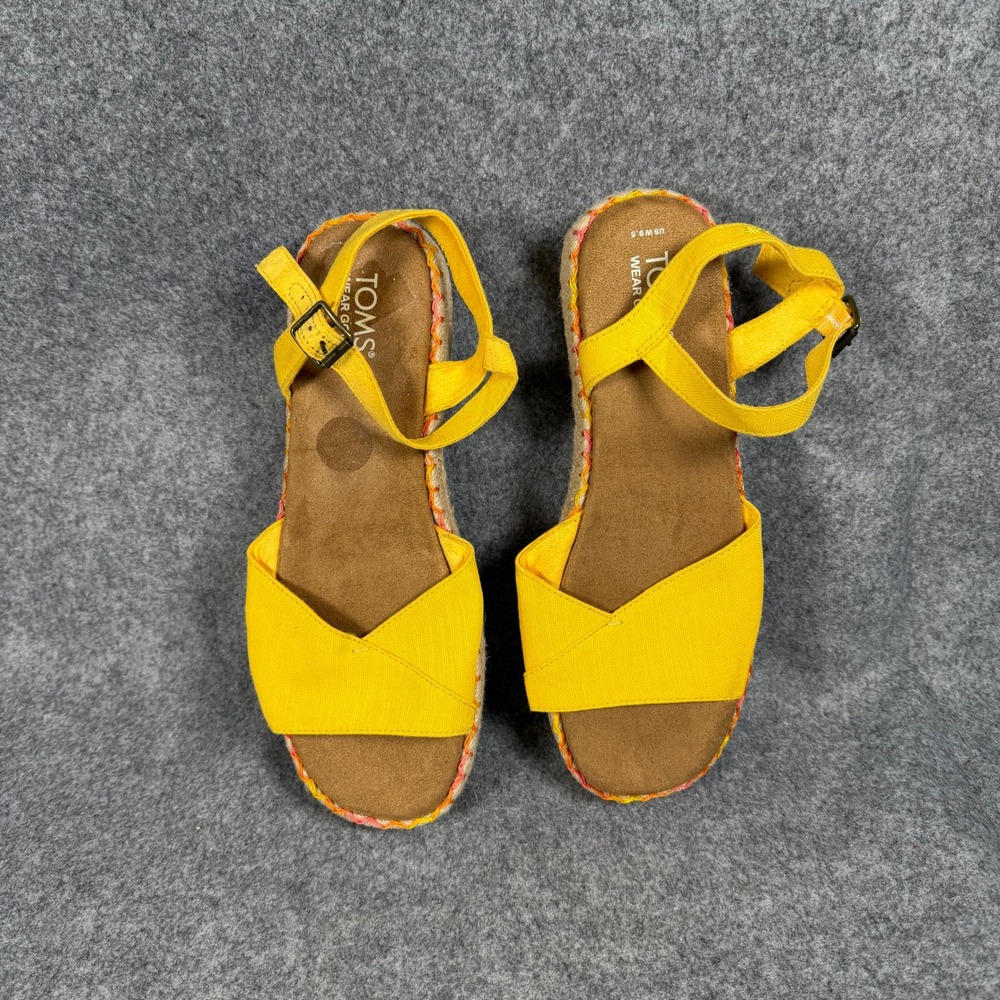 TOMS Womens Monica Espadrille Wedge Sandals 9.5 Yellow Canvas Ankle Strap